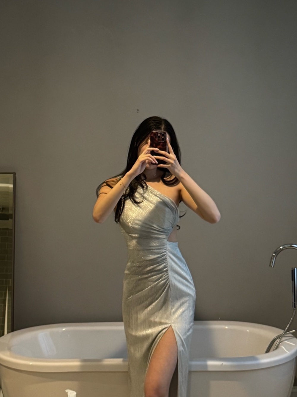Aidan Mattox Silver One-Shoulder Metallic Evening Dress